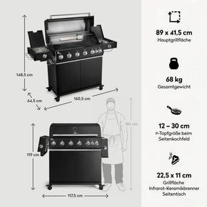 Burnhard Fat FRED Deluxe Gasgril Black Edition 6-Brenner mit Gusseisenrost (Series 4), Grillrost aus, Detailansicht 3