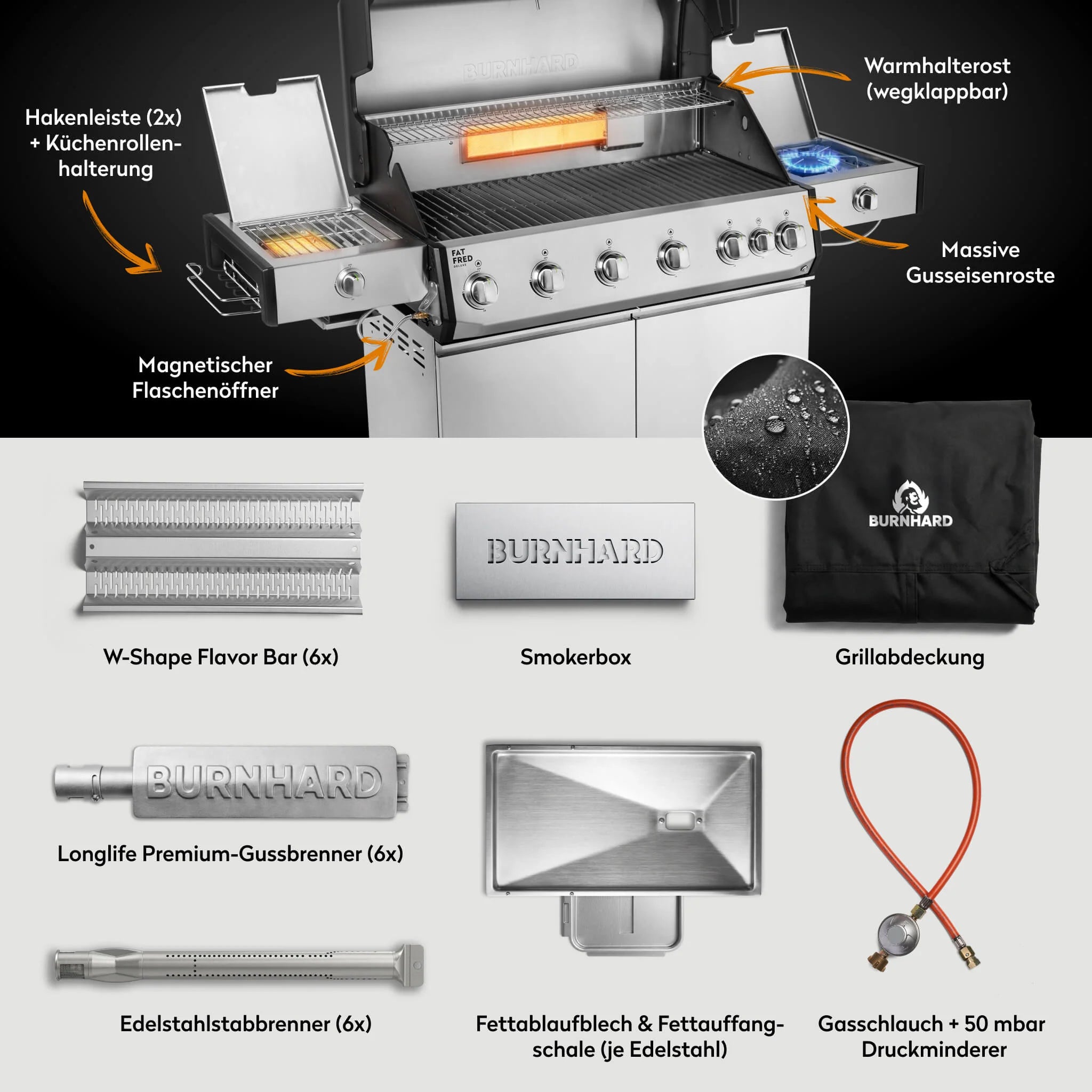 Burnhard Fat FRED Deluxe Gasgrill 6-Brenner Edelstahl mit Gusseisenrost Series 4, Grillrost aus Gusseisen, Detailansicht 2