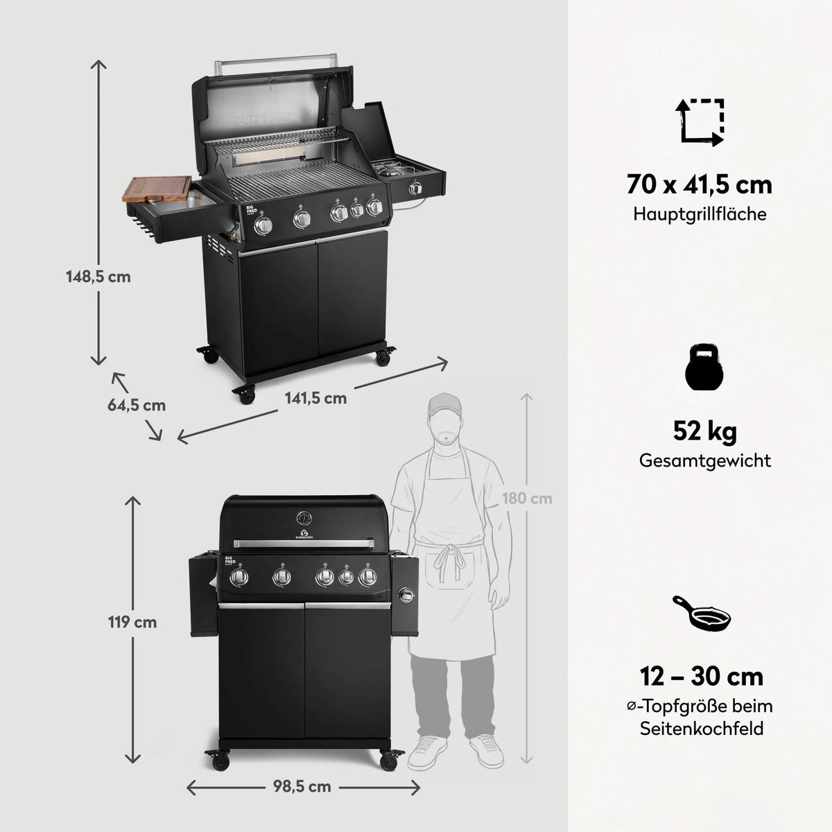 Burnhard Big FRED Deluxe Gasgrill Black Edition 4-Brenner mit Edelstahlrost Series 4, Detailansicht 3