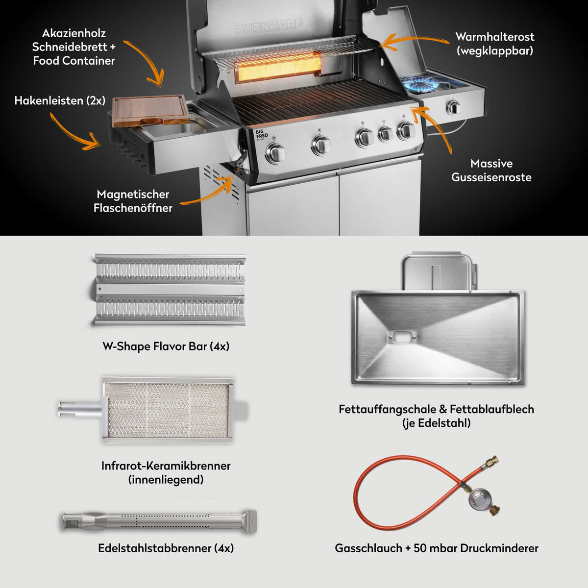 Burnhard Big FRED Deluxe Gasgrill Edelstahl 4-Brenner mit Gusseisenrost Series 4, Detailansicht 2