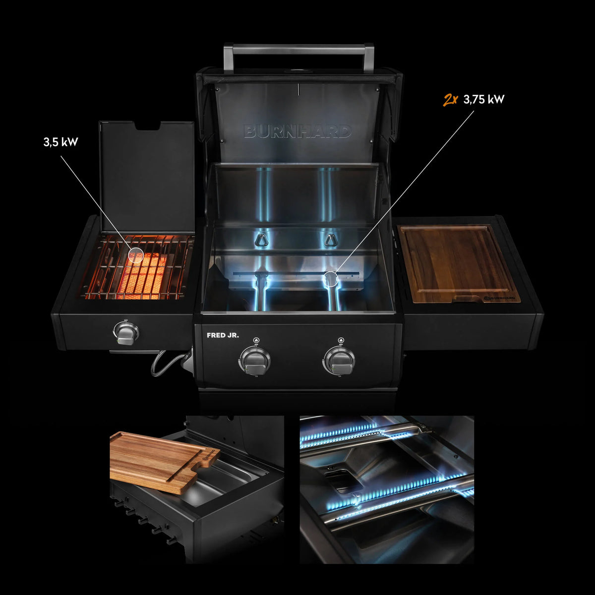 Burnhard FRED Jr. Deluxe Gasgrill Black Edition 2-Brenner mit Gussrost Series 4, Grills, Detailansicht 1