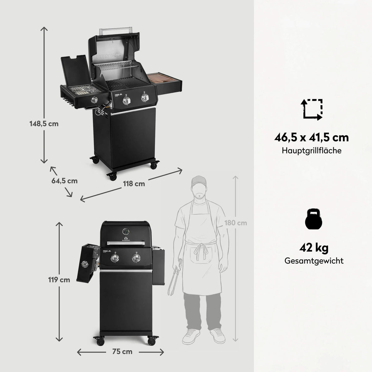 Burnhard FRED Jr. Deluxe Gasgrill Black Edition 2-Brenner mit Gussrost Series 4, Grills, Detailansicht 3
