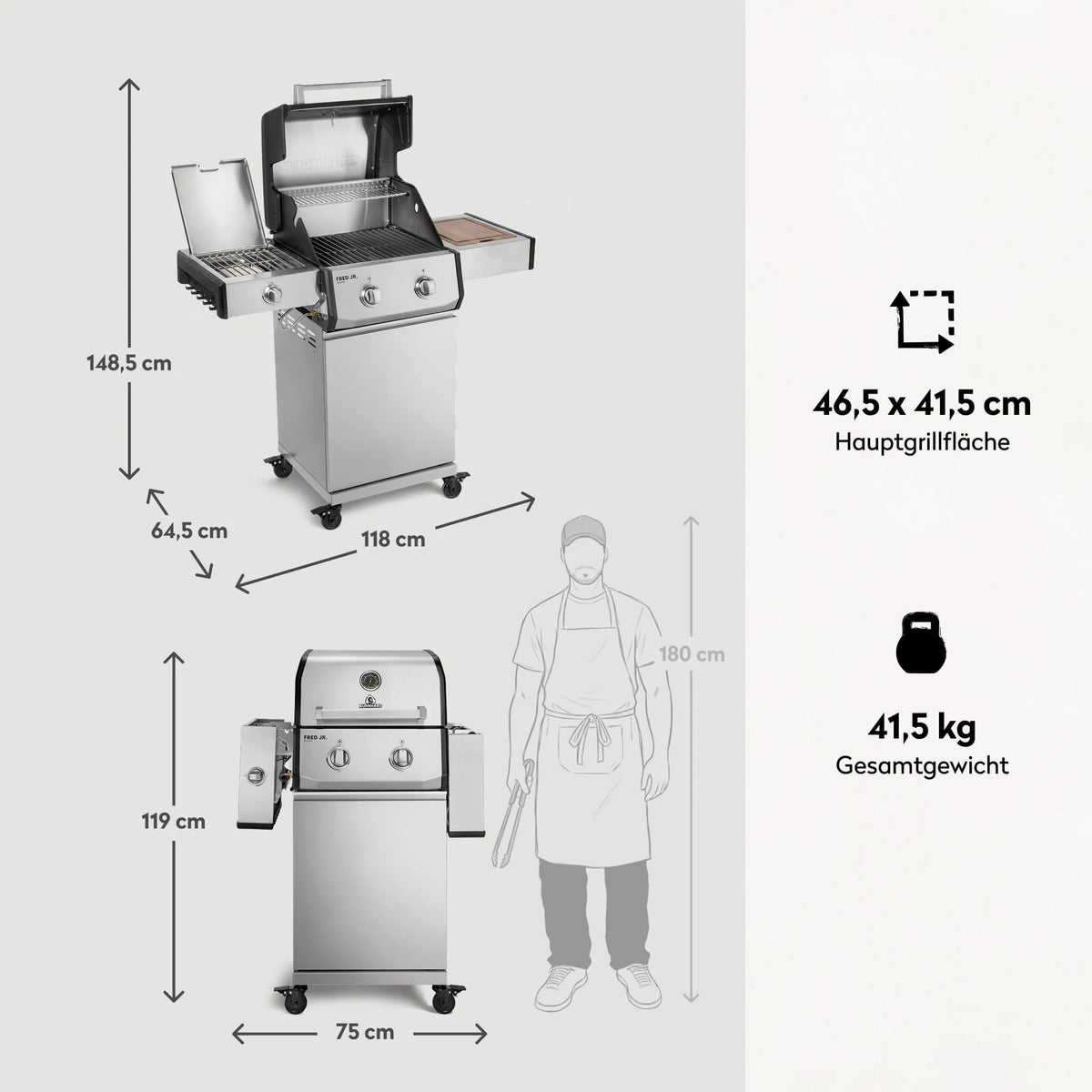 Burnhard FRED Jr. Deluxe Gasgrill Edelstahl 2-Brenner mit Gussrost Series 4, Grillrost aus Gusseisen, für 1, Detailansicht 4