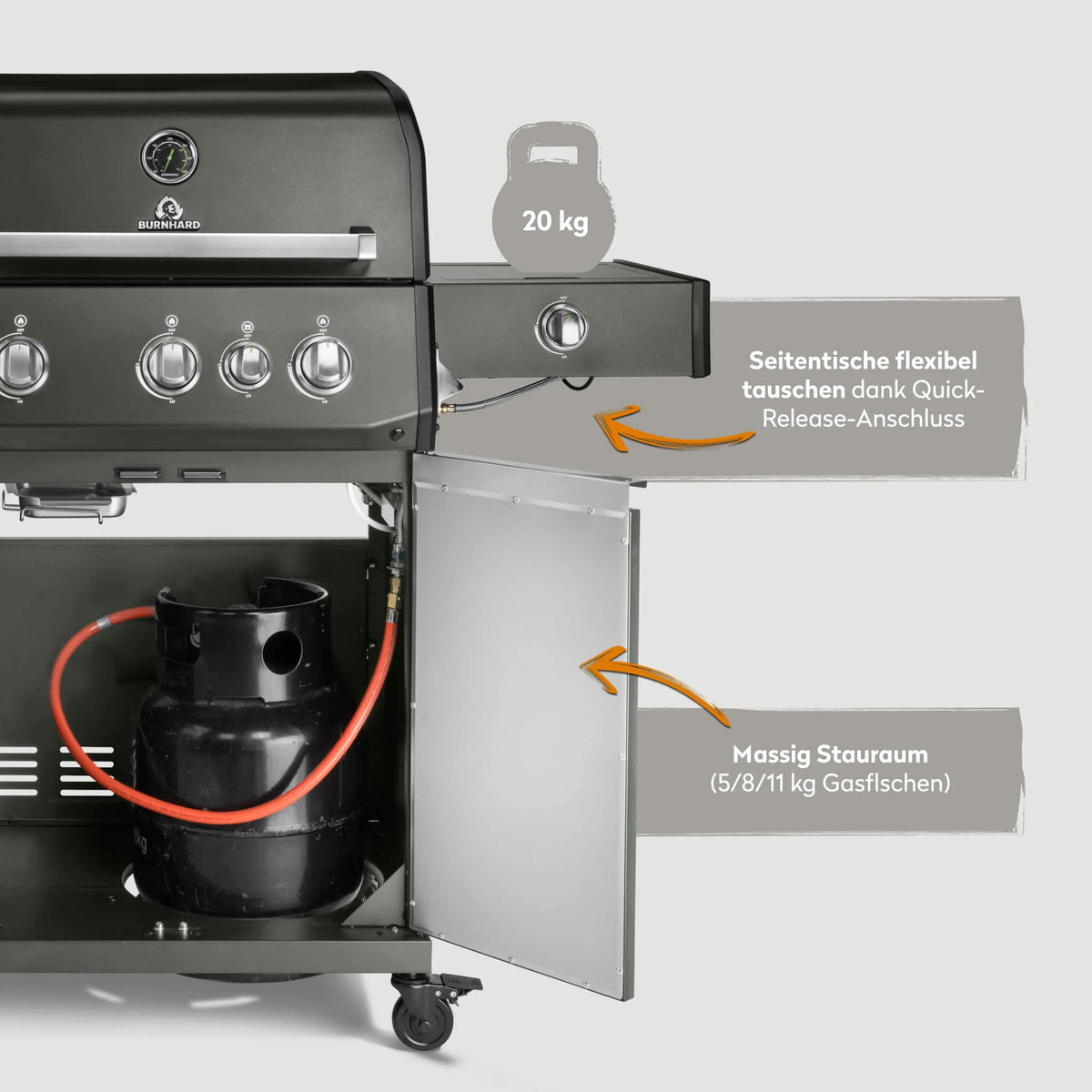 Burnhard FRED Deluxe Gasgrill 3-Brenner Green Edition mit Gusseisenrost Series 4, Grillrost aus Gusseisen, Detailansicht 5