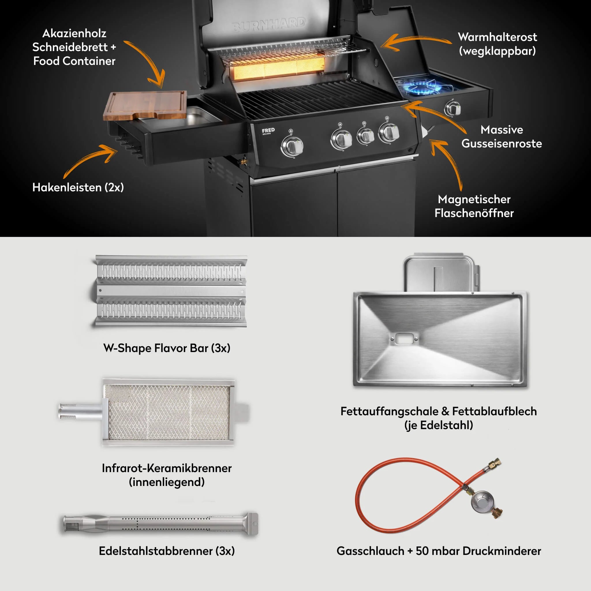 Burnhard FRED Deluxe Gasgrill 3-Brenner Black Edition mit Gusseisenrost Series 4, Grills, Detailansicht 3