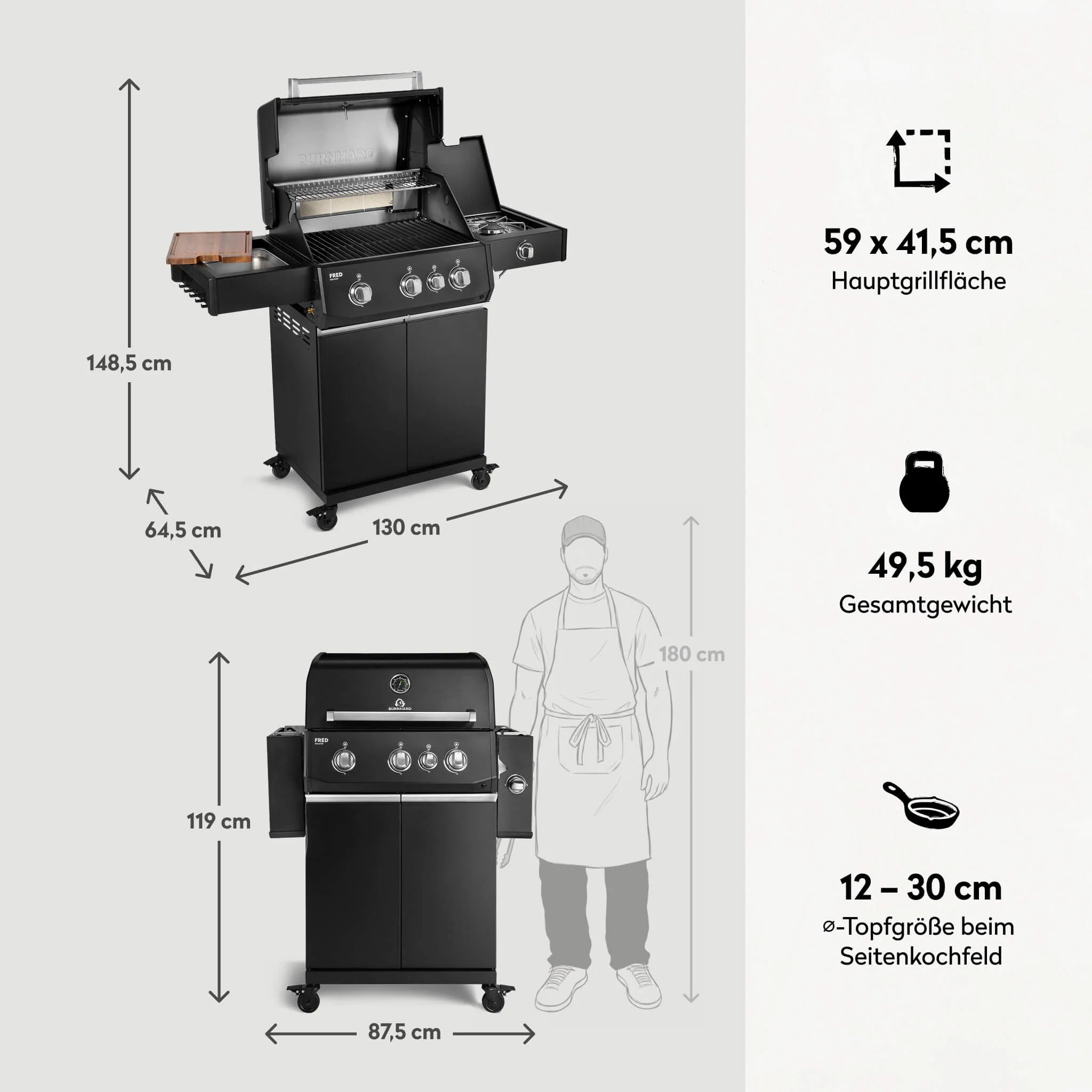 Burnhard FRED Deluxe Gasgrill 3-Brenner Black Edition mit Gusseisenrost Series 4, Grills, Detailansicht 2