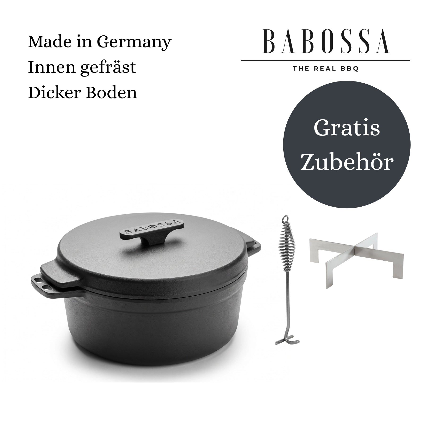 BABOSSA 9er Innovativer Gusseiserner Topf| SET Deckelheber & Kreuz| Dutch Oven| Made In Germany