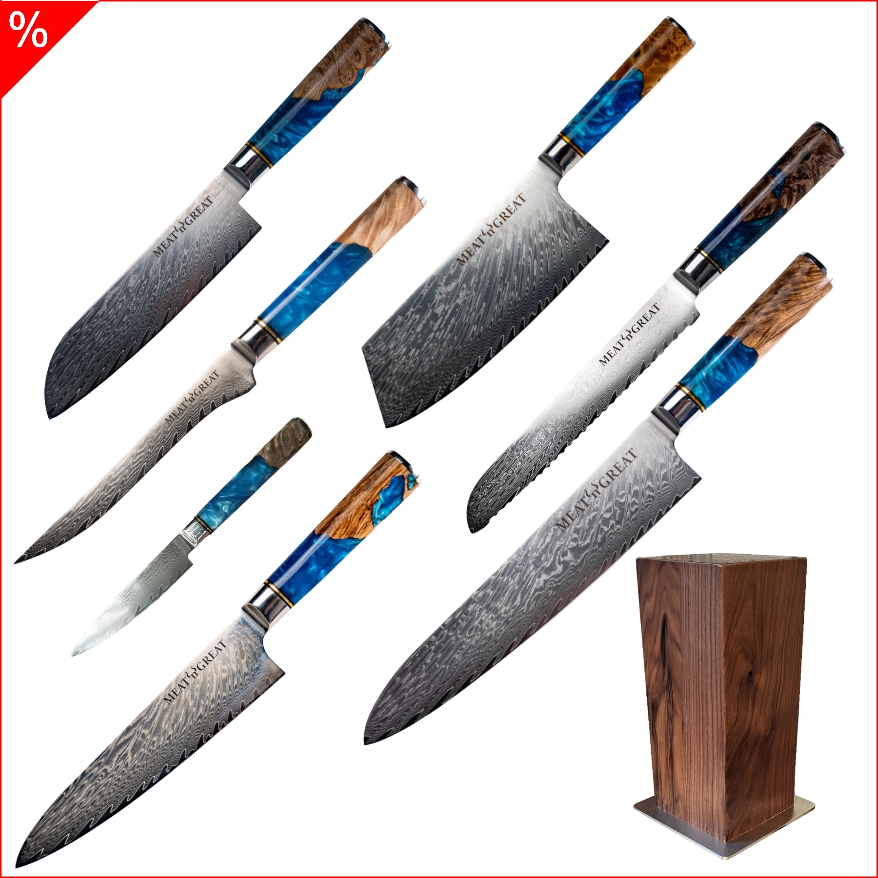 BABOSSA Meat 'n' Great "Aquarell" Messerset 7-teilig mit Messerblock, Messer