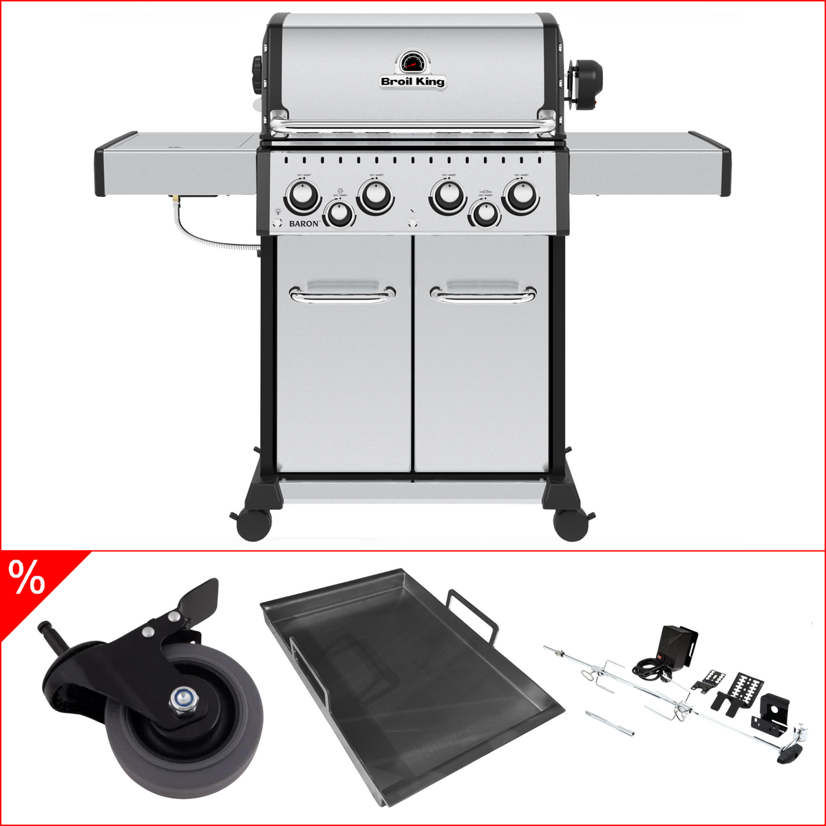 Broil King Baron S 490 IR inkl. Einsatzpfanne, Premium Lenkrollen Drehspieß & Infrarotbrenner, Grillbundle