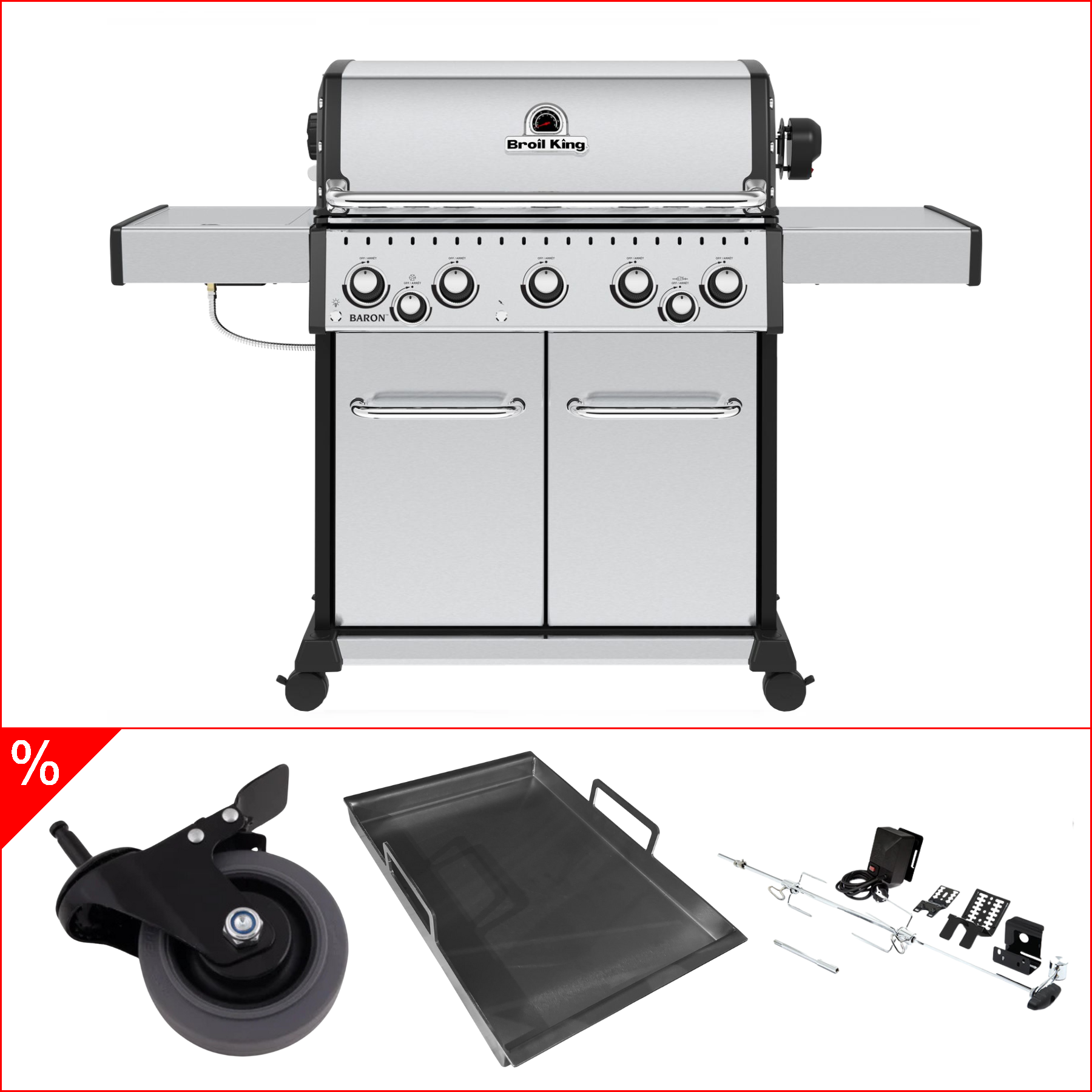 Broil King Baron S 590 IR inklusive Einsatzpfanne, Premium Lenkrollen, Drehspieß & Infrarotbrenner, Grillbundle