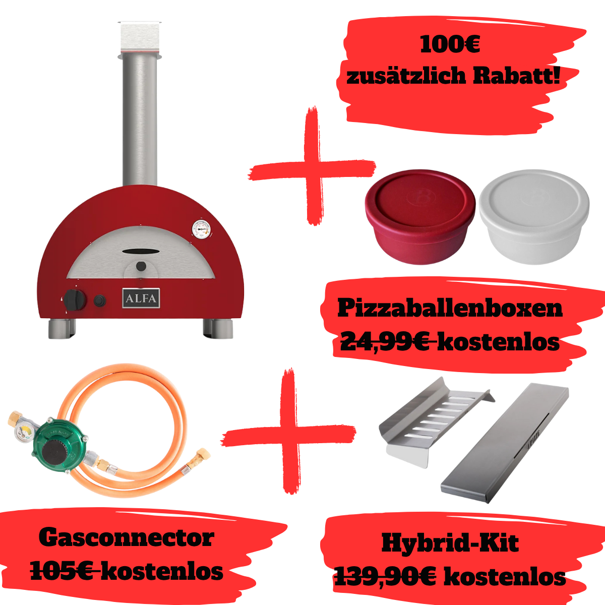 Alfa Forni Moderno 1 Pizze Bundle, Gas/ Hybrid, Rot, Pizzaofen