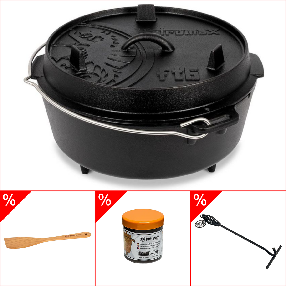 Petromax ft6 Dutch Oven 5, 5l - mit Füssen im Set inkl. Deckelheber, Pflegepaste & Holzspachtel, Grillzubehörbundle