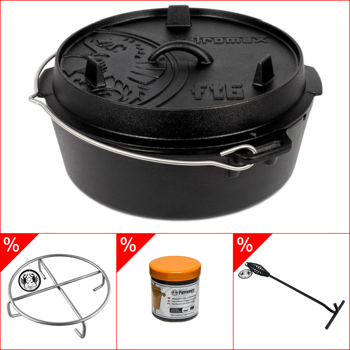 Petromax ft6 Dutch Oven 5, 5l - ohne Füsse, im Set inkl. Deckelheber, Pflegepaste & Untersetzer, Grillzubehörbundle