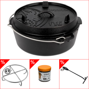 Petromax ft6 Dutch Oven 5, 5l - ohne Füsse, im Set inkl. Deckelheber, Pflegepaste & Untersetzer, Grillzubehörbundle