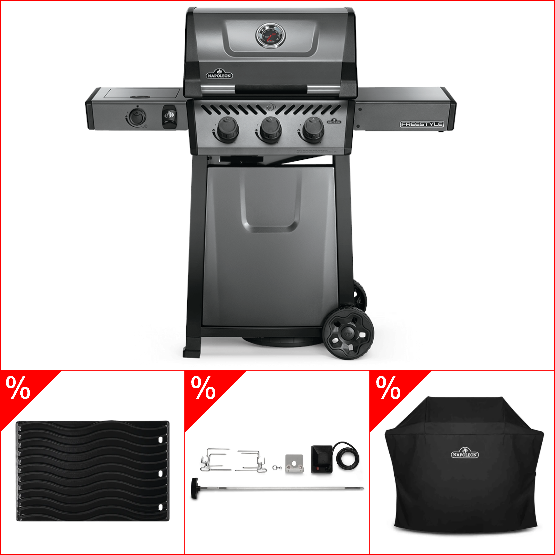 Napoleon Freestyle 365 Graphit - mit Seitenbrenner inkl. Abdeckhaube, Gussplatte & Rotisserie, Grillbundle