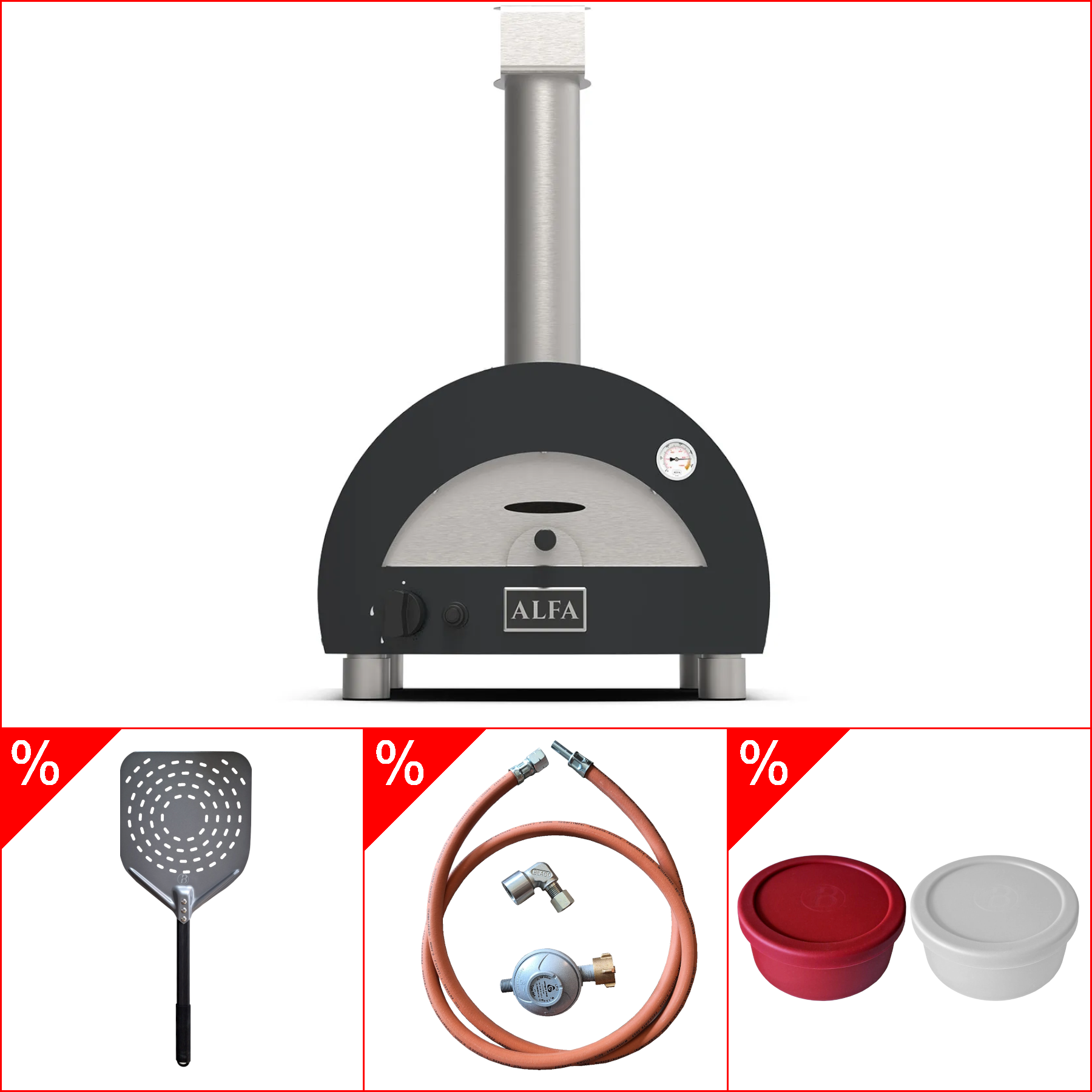 Alfa Forni Portable, Gas in GRAU inkl. Gasanschluss-Set, Pizzaschaufel & Pizzaballenbox Set, Pizzaofenset