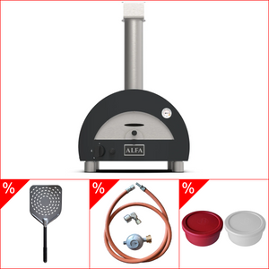 Alfa Forni Portable, Gas in GRAU inkl. Gasanschluss-Set, Pizzaschaufel & Pizzaballenbox Set, Pizzaofenset