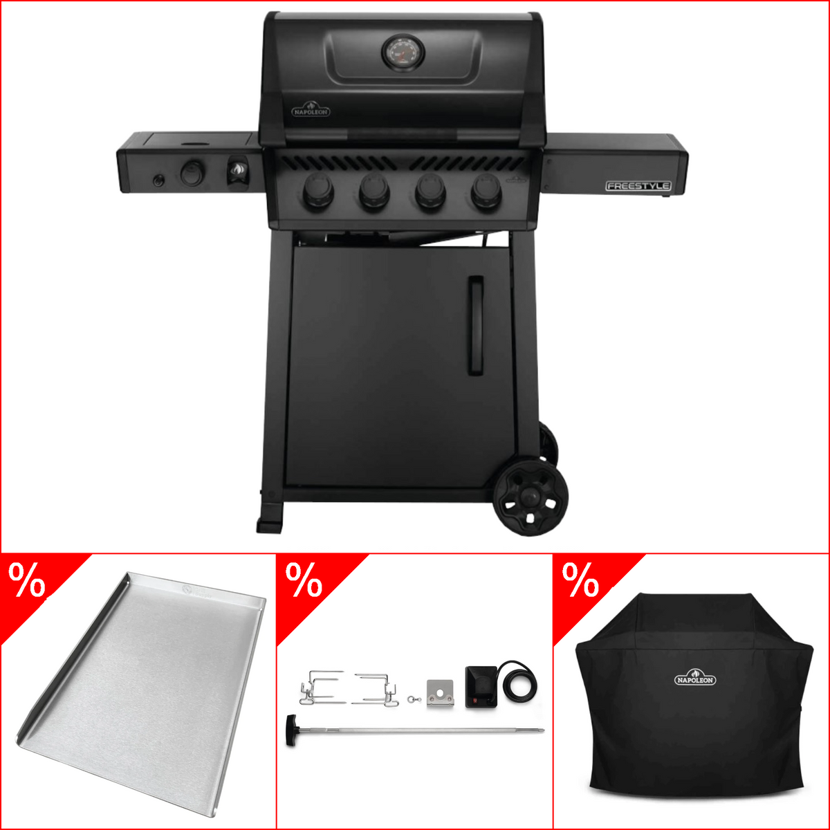Napoleon Phantom Freestyle 425, mit Sizzle Zone inkl. Abdeckhaube, Rotisserie & Babossa Edelstahlplancha, Grillbundle