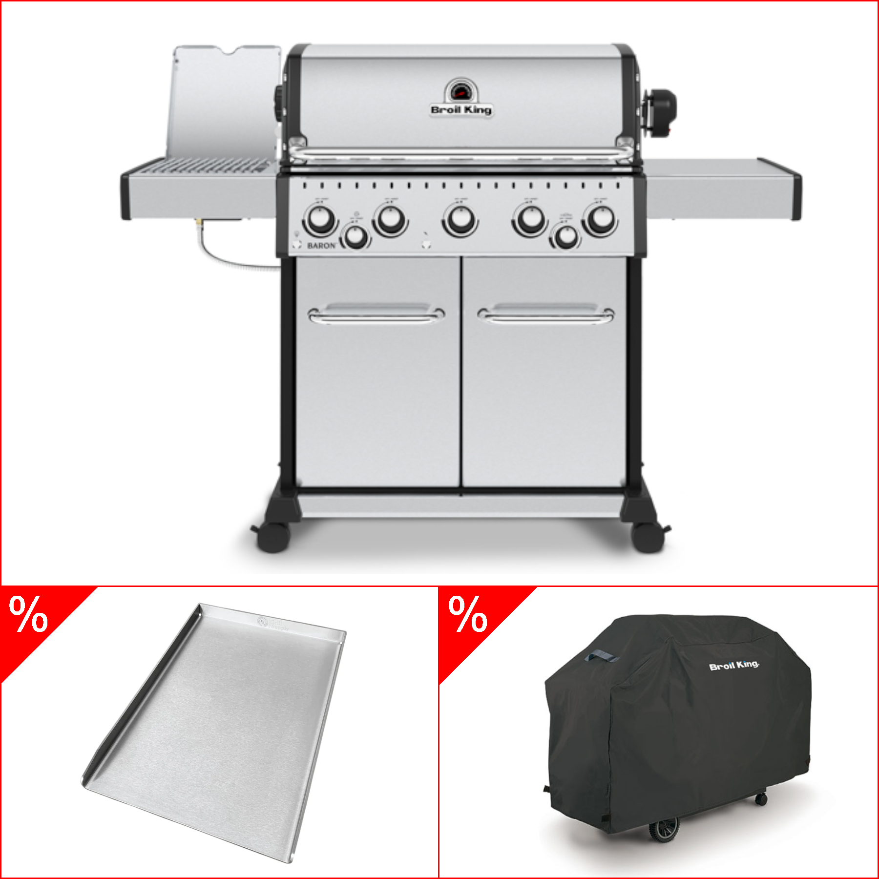 Broil King Baron S 590 IR inkl. Drehspieß, Abdeckhaube & Babossa Edelstahl Plancha, Grillbundle