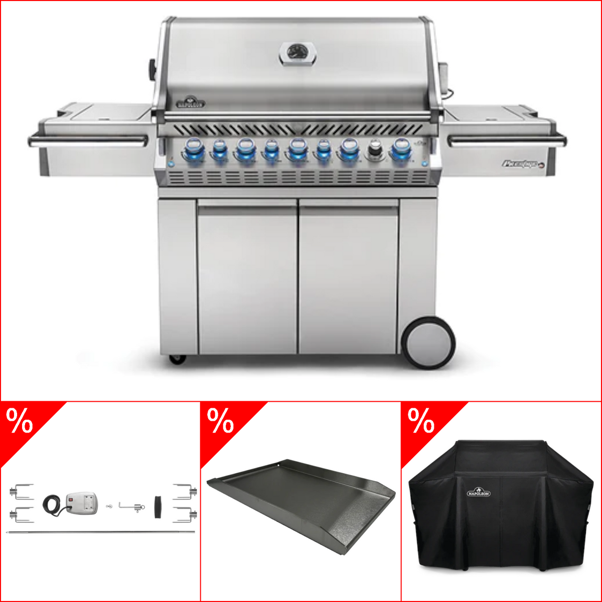 Napoleon Prestige Pro 665 inkl. Rotisserie & Abdeckhaube & Plancha, Grillbundle