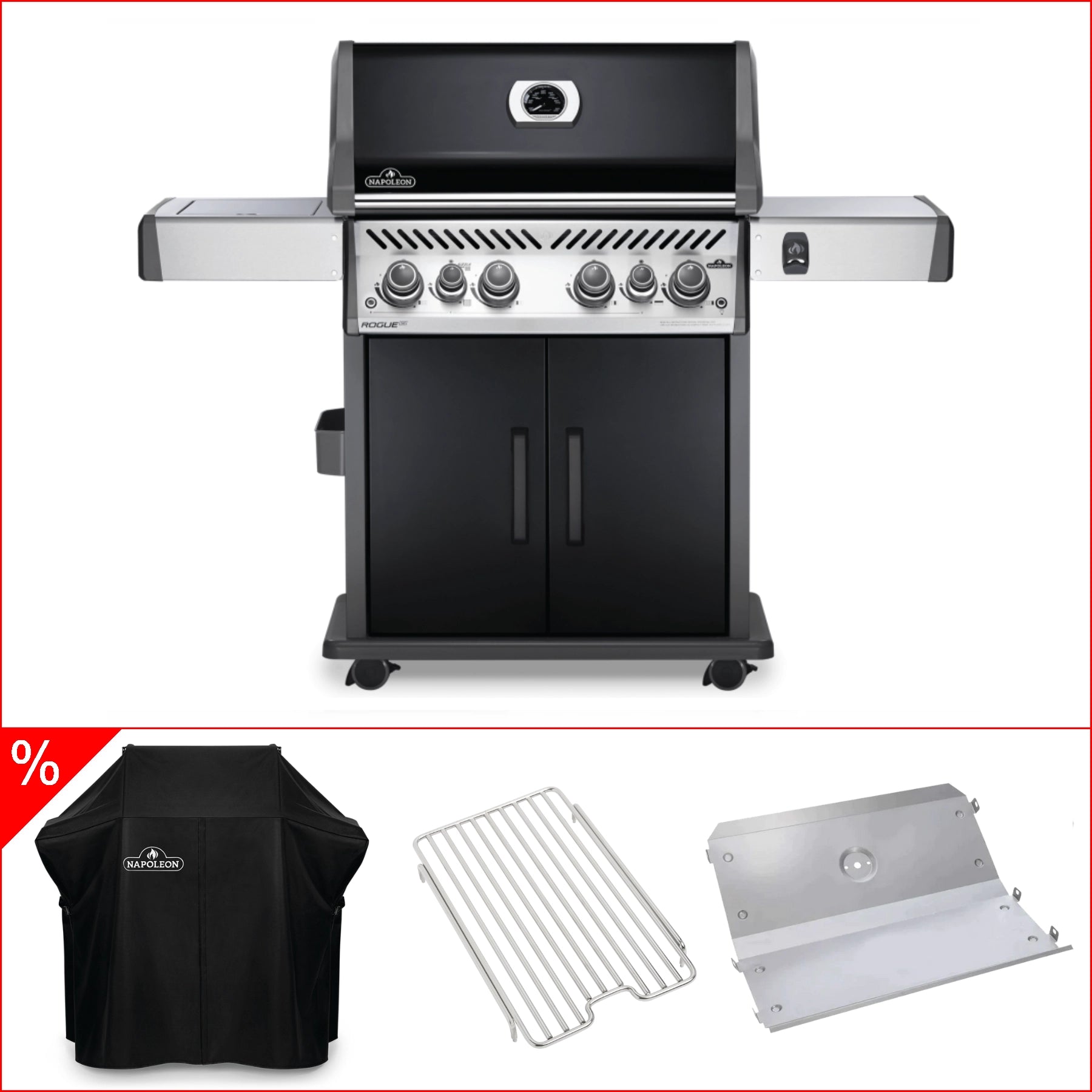 Napoleon Rogue SE 525 Vorteilsbundle mit Abdeckhaube, Babossa Hitzeschild und Edelstahlrost für Sizzle Zone, Grillrost aus