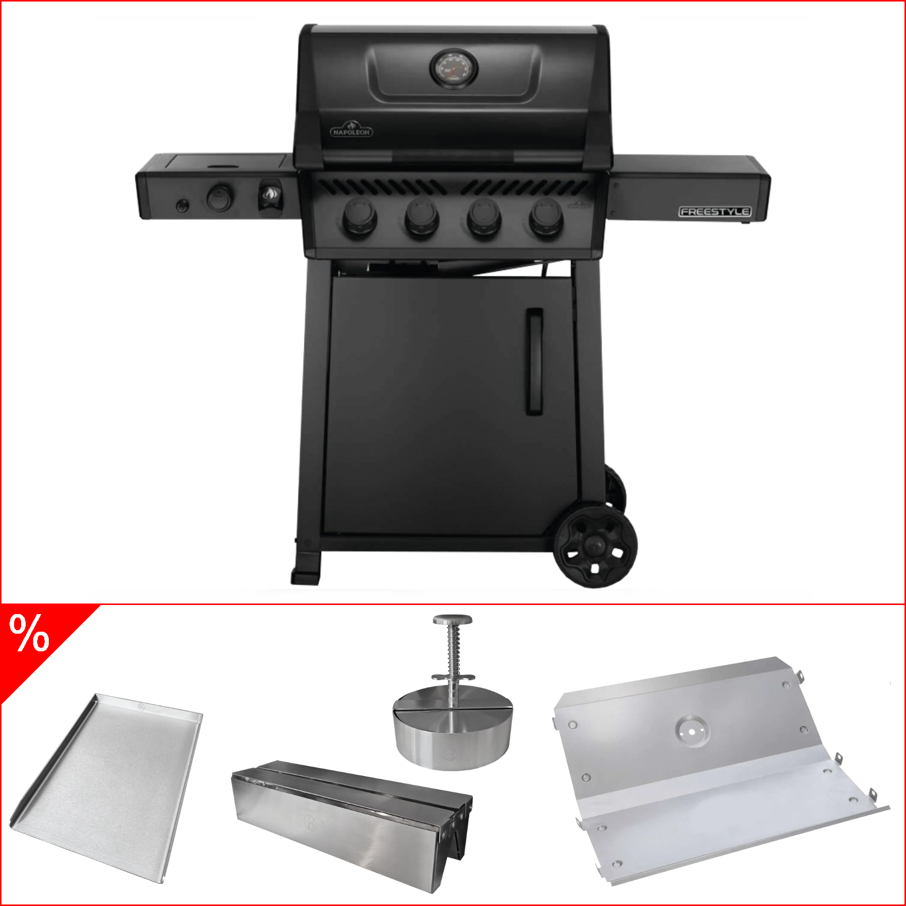 Napoleon Phantom Freestyle 425 Sparbundle mit Plancha, Räucherbox, Burgerpresse & Hitzeschild, Grillbundle