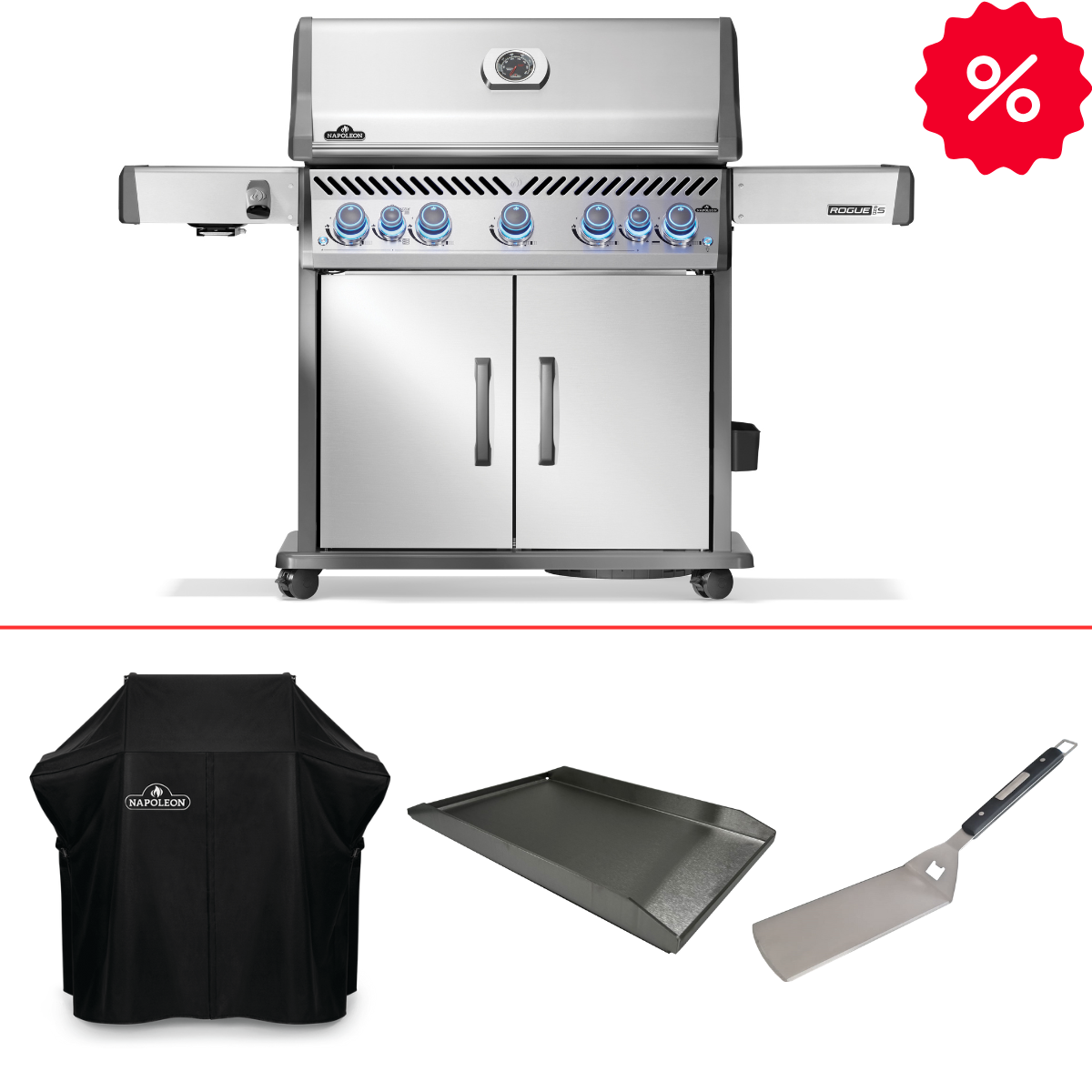 Napoleon Rogue PRO-S 625 Edelstahl inkl. Abdeckhaube, Plancha und Wender, Grillbundle