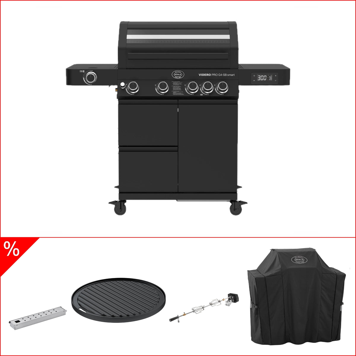 Rösle Videro Pro Smart Bundle - mit Grillplatte, Rotisserie, Räucherbox und Abdeckhaube, Grillrost aus Gusseisen, für 1 - 12