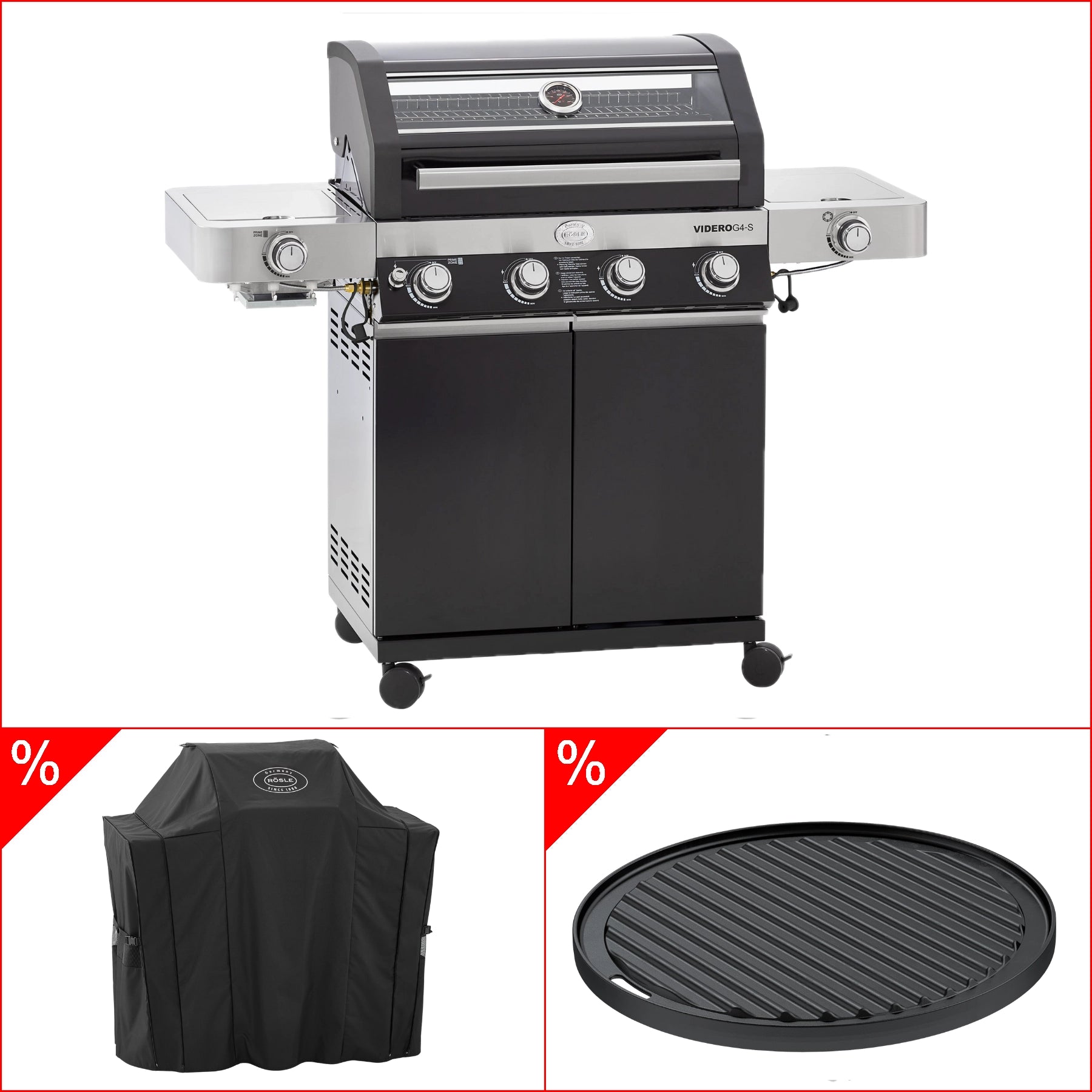 Rösle Gasgrill  VIDERO G4-S Vario + 50 mbar inkl. Abdeckhaube und Grillplatte rund
