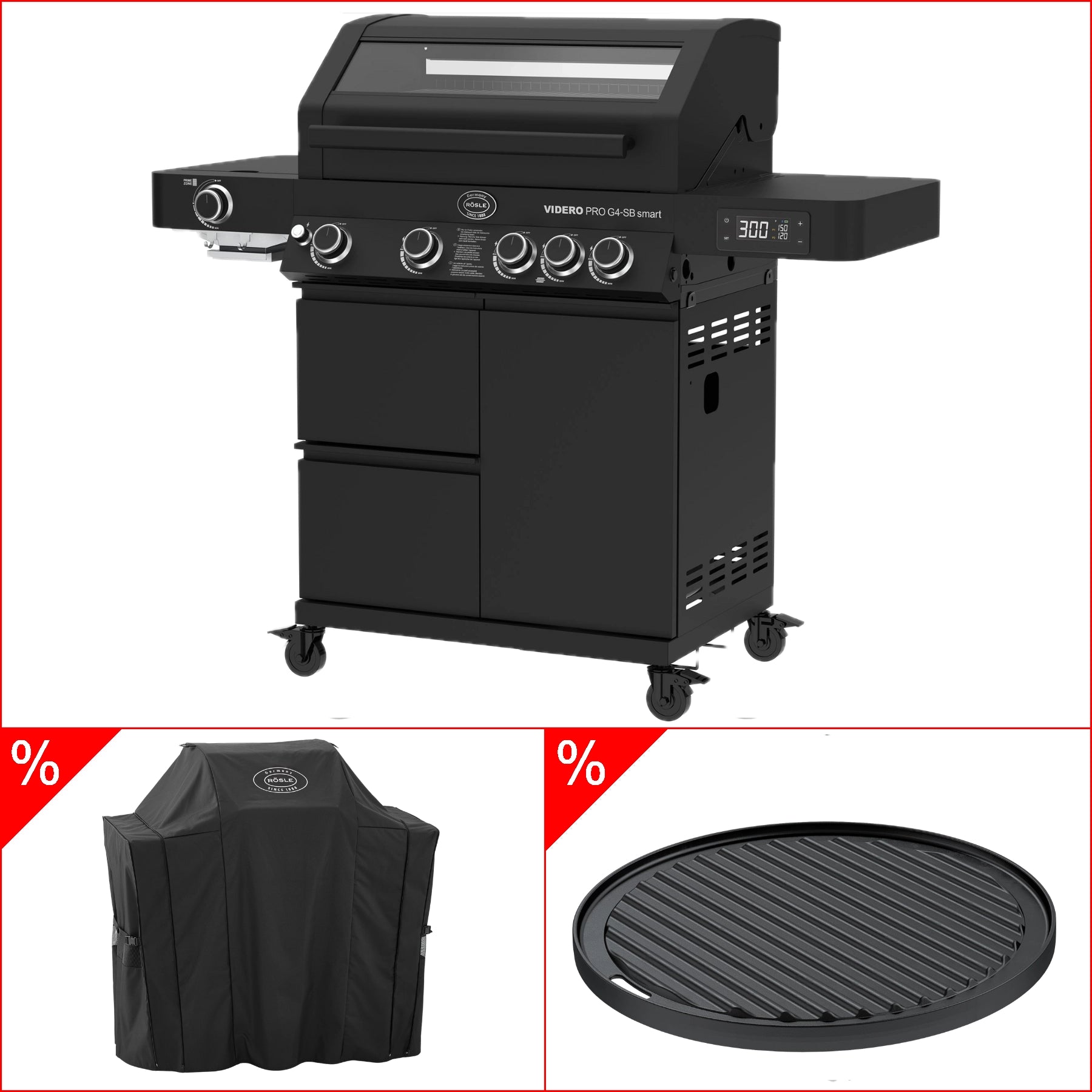 Rösle Videro Pro G4-SB smart Vario+ 50mbar Bundle inkl. GRATIS Abdeckhaube und Grillplatte, rund, Grillbundle