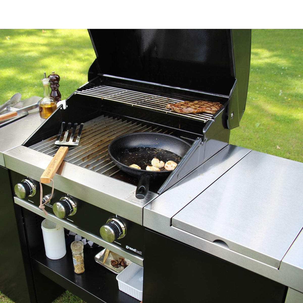 Grandhall Premium G3 Island, Gasgrill-Insel mit 3 Brennern + Seitenbrenner, Schwarz - Ansicht 4