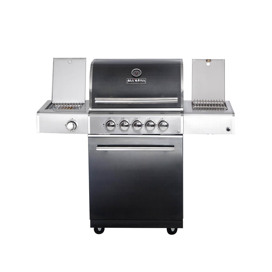 ALL’GRILL Chef M Schwarz mit optinalem Zubehör. Geöffnete Klappen der Seitenteile
